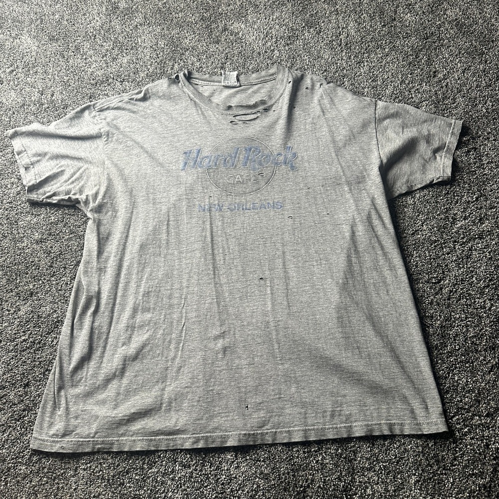 Vintage Hard Rock Cafe New Orleans Shirt Mens 2XL Gray Distressed Holes 90s